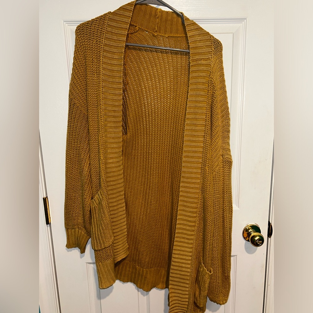 Long mustard yellow thick open sweater